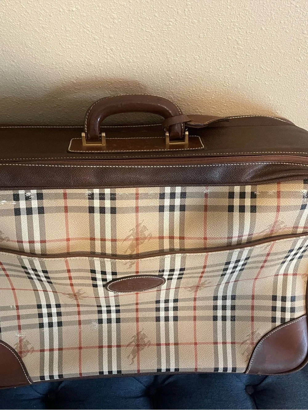 Burberry Beige/Tan Plaid Leather Trim Travel Briefcase